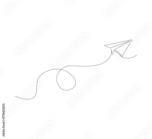 Continuous line paper airplane, white background. Abstract doodle email, letter plane. Vector abstract illustration of business trip flying ship in the sky.