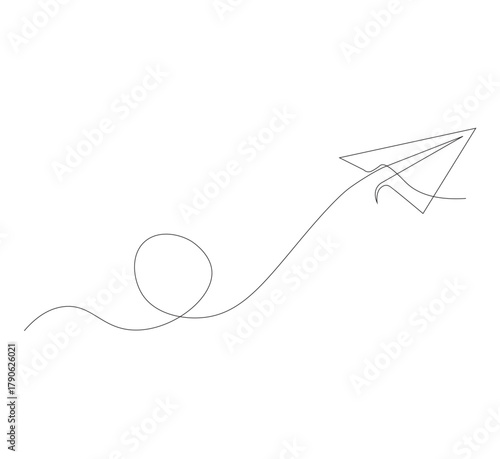 Continuous line paper airplane, white background. Abstract doodle email, letter plane. Vector abstract illustration of business trip flying ship in the sky.