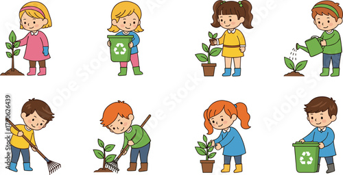 Children gardening, recycling, planting trees, watering plants, raking leaves, environmental care, cartoon kids, eco activity, sustainability, green lifestyle, nature