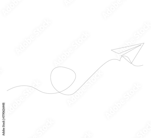 Continuous line paper airplane, white background. Abstract doodle email, letter plane. Vector abstract illustration of business trip flying ship in the sky.