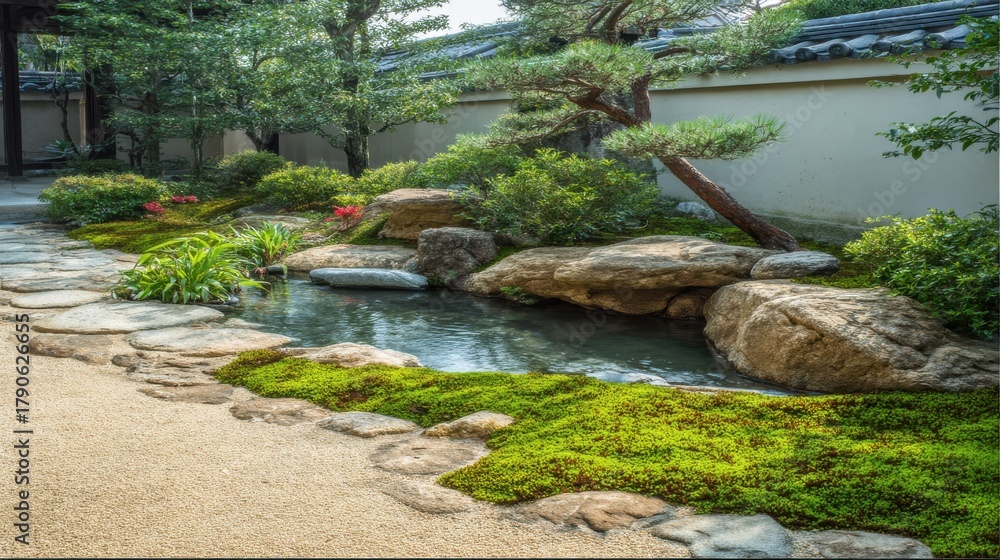 Naklejka premium Serene Japanese Garden with Pond Moss Stones and Pine Tree Tranquil Landscape Zen Composition
