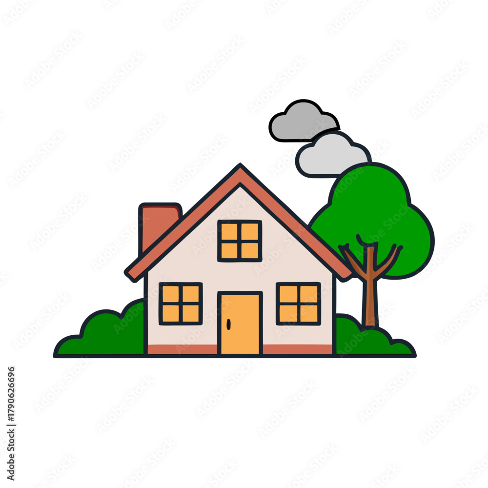 Fototapeta premium Cartoon house with a tree and clouds in a simple silhouette style isolated on white background