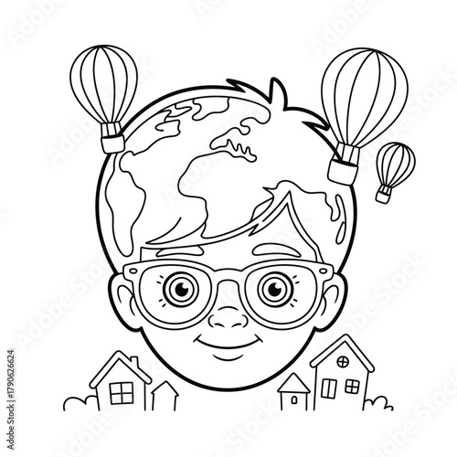 Child with earth for head and hot air balloons floating around