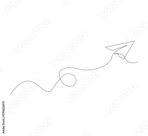 Continuous line paper airplane, white background. Abstract doodle email, letter plane. Vector abstract illustration of business trip flying ship in the sky.
