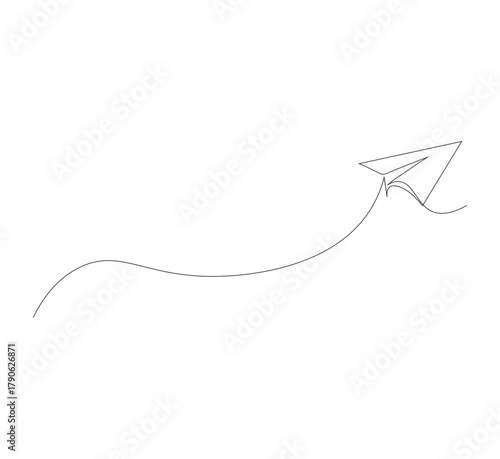 Continuous line paper airplane, white background. Abstract doodle email, letter plane. Vector abstract illustration of business trip flying ship in the sky.