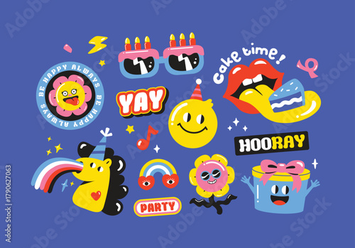 Set of birthday party funny and cute characters design. Stickers and patches vector illustration.
