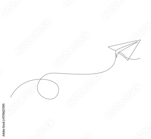 Continuous line paper airplane, white background. Abstract doodle email, letter plane. Vector abstract illustration of business trip flying ship in the sky.