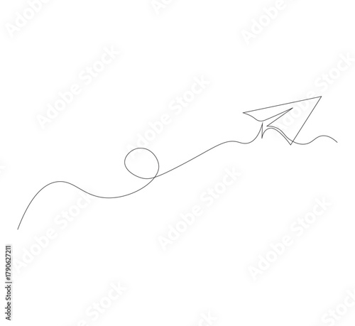Continuous line paper airplane, white background. Abstract doodle email, letter plane. Vector abstract illustration of business trip flying ship in the sky.
