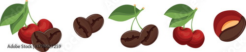 set of icons of ripe cherries and roasted coffee beans in various shapes and whole ripe cherries, denoting the taste of coffee, for thematic menus in coffee shops and restaurants