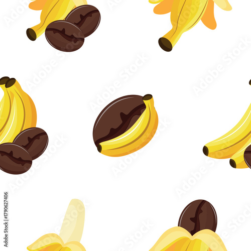 pattern on the theme of the variety of coffee flavors, namely the combination of coffee and bananas in various shapes, for cafe, restaurant menus or stickers