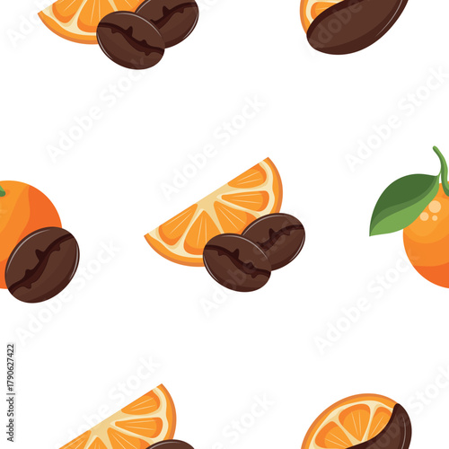 pattern with coffee beans with a fruity flavor, namely with orange in various shapes, for coffee menus, restaurants or other coffee-themed designs