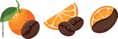 set of icons of roasted coffee beans with a fruity flavor, namely with orange, in various shapes, for coffee menus, restaurants or other coffee-themed designs