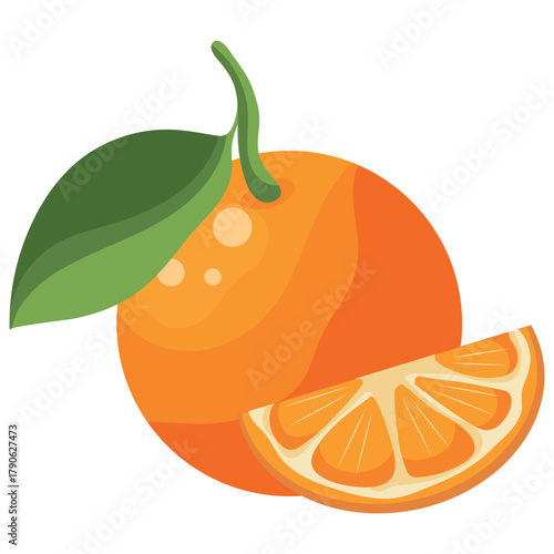 vector icon of a ripe orange with a green leaf and half of an orange next to it, for fruit designs, social media or stickers
