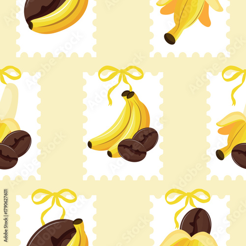 pattern on the theme of the variety of coffee flavors, namely the combination of coffee and bananas in various shapes in white stamps on a yellow background, for cafe, restaurant menus or stickers