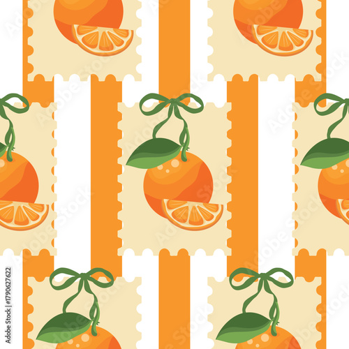 seamless pattern with ripe oranges with a green leaf in the middle of the stamp on a white background and orange lines behind, for fruit designs, social media or stickers