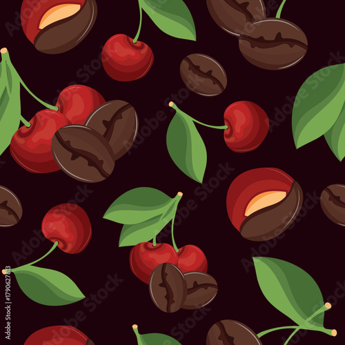 seamless pattern with ripe cherries and roasted coffee beans in various shapes, denoting the taste of coffee on a dark background, for themed menus in coffee shops and restaurants