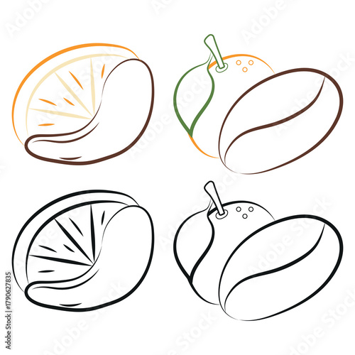 set of icons with coffee beans with orange flavor in line art style, for coffee menu, restaurants or other coffee themed designs