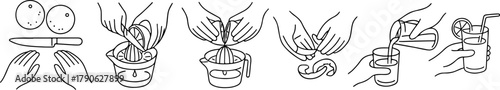 set of icons of the stages of making orange juice at home, for thematic designs, stickers or social networks
