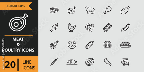 Outline icons set for meat and poultry products