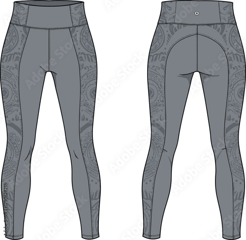 Athletic leggings technical fashion sketch with high waist, seam details, patterned side panels, fitness apparel design front and back illustration