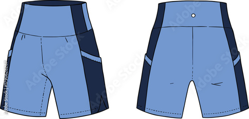 Women athletic shorts technical flat sketch, high waist fitness bottom, contrast panel design, stretch workout apparel illustration, activewear garment template
