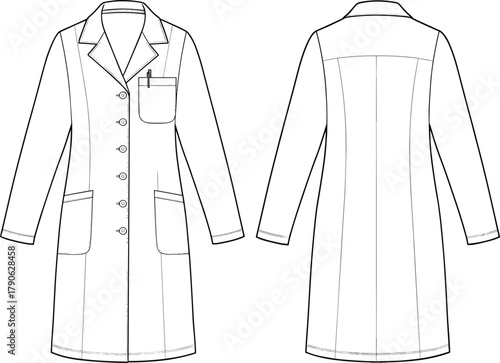 Professional medical lab coat technical flat sketch, long sleeve doctor uniform design, pockets, buttons, collar outline, clean garment illustration, fashion template