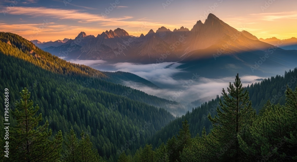 Obraz premium Dramatic Golden Hour Sunrise over Misty Mountain Valleys and Dense Alpine Forests