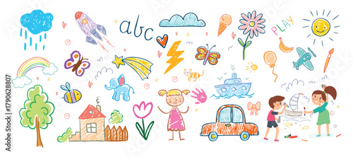 Childlike Crayon Drawings. Colourful crayon and chalk.