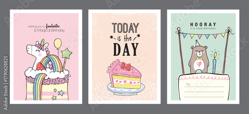 Set of birthday greeting cards with beautiful and lovely cakes

