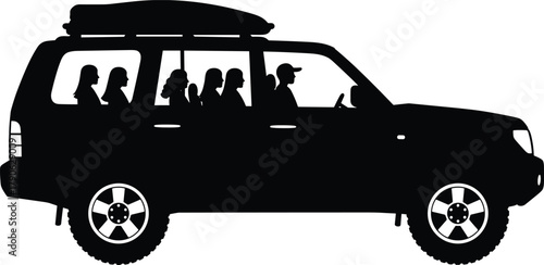 Silhouette family traveling in SUV car, passengers sitting together, road trip holiday adventure, transportation vehicle illustration, travel lifestyle concept, black graphic element