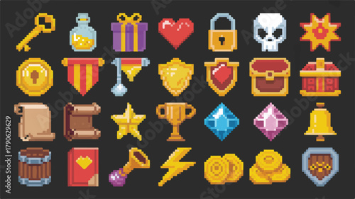 A comprehensive set of retro 8-bit pixel art game assets including treasures, rewards, and items for user interface design