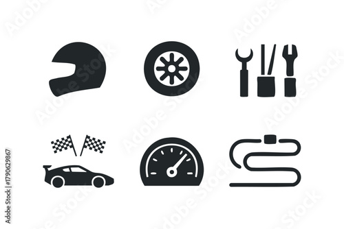 Racing car icons including helmet, tire, tools, and speed meter