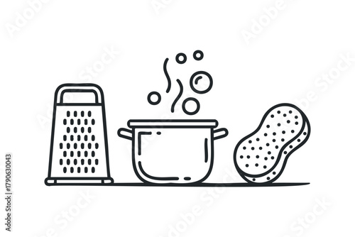 Steaming Pot, Grater, and Sponge Graphic