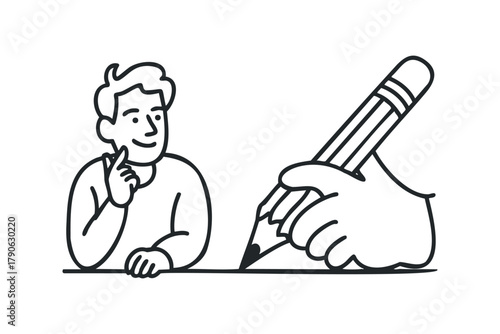 Person contemplating while a large pencil writes