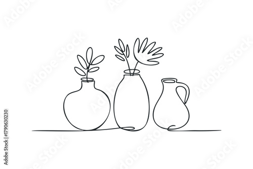Three vases with botanical stems in continuous line art