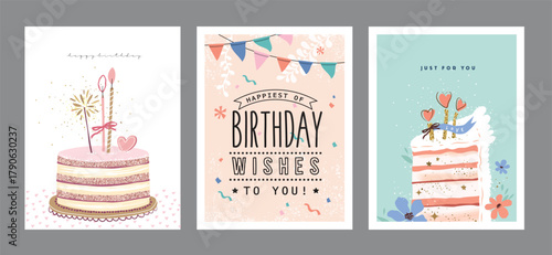 Set of birthday greeting cards with beautiful and lovely cakes

