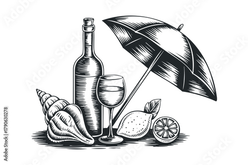 Wine bottle and glass with seashells and lemon under umbrella