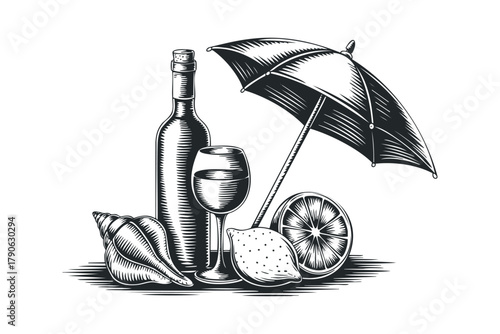 Black and white image of wine bottle, glass, and citrus with umbrella