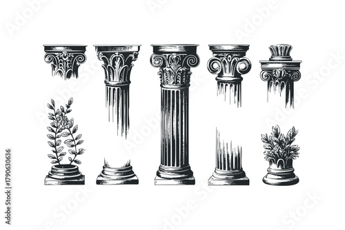 Collection of classical architectural columns and floral elements