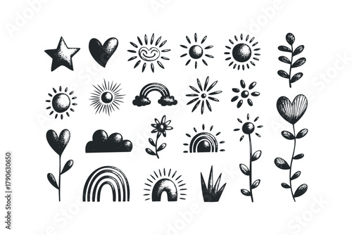 Collection of Doodle Stars Hearts Suns Rainbows Flowers and Leaves