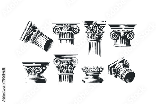 Collection of Classical Architectural Column Capitals and Bases