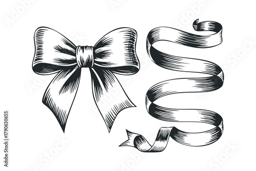 Hand Drawn Ribbon Bow and Scroll Decoration