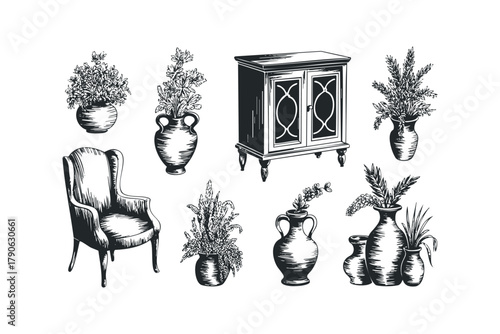 Ornate cabinet with chair and botanical vase arrangements
