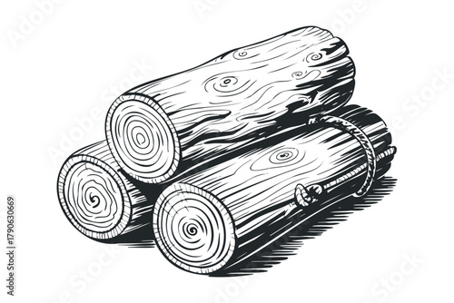 Stack of three bound logs tied with rope