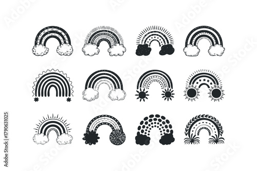 Collection of Hand Drawn Rainbow Graphics with Clouds and Sun