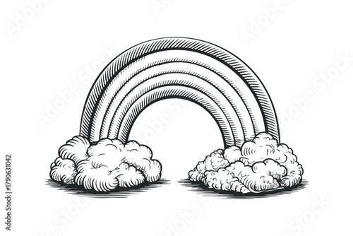 Arching rainbow with fluffy clouds on white