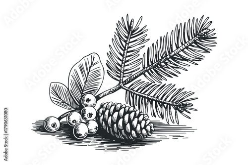 Pine cone with berries and pine needles