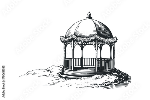 Ornate Gazebo With Garland Detail On White Background