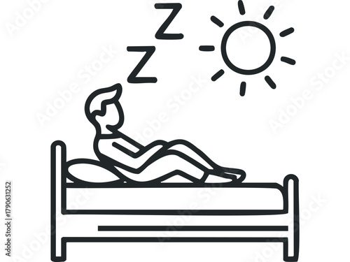 Man sleeping peacefully in bed with sun and Zzz symbols