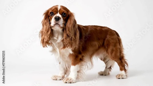 Cavalier King Charles Spaniel on White Background | Cavalier King Charles Spaniel Walking on White Background | The small dog has long, silky fur with rich chestnut and white tones, expressive brown 